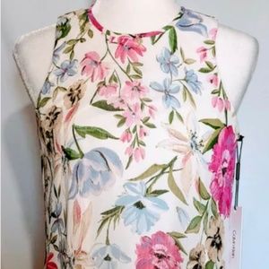 Calvin Klein White Blue Pink Floral Sleeveless Knee Length Dress